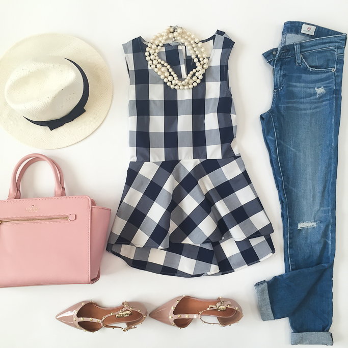AG distressed super skinny jeans, Anthropologie checked poplin peplum, flatlay, Halogen Olson Pointy Toe Studded T-Strap Flat, Kate Spade north court corallinepebbled leather satchel, Navy bow panama hat, threee strand faux pearl neckalce