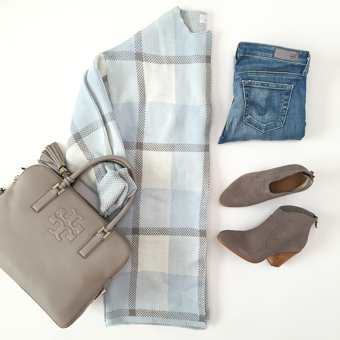 Chicwish Blue Plaid Check Mid-Length Knit Coat, AG distressed super skinny jeans, Tory Burch grey purse, Nordstrom Rack grey suede booties, 