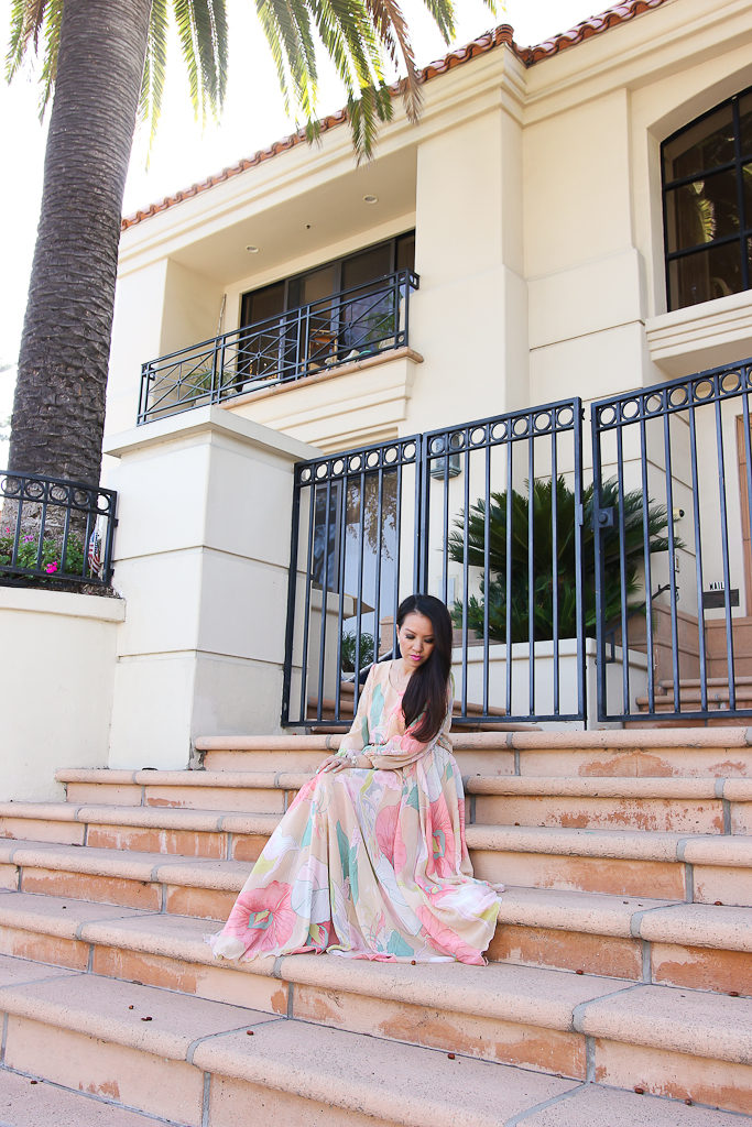 Chicwish spring scenery floral maxi dress, Ily Couture solo initial necklace, Isola nude strappy sandals, rebecca minkoff chevron quilted clutch