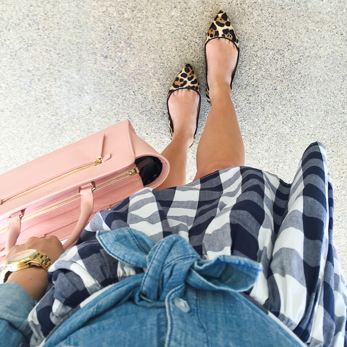 Chicwish checkered gingham dress, Kate Spade north court corallinepebbled leather satchel, leopard flats, Loft slim chambray shirt