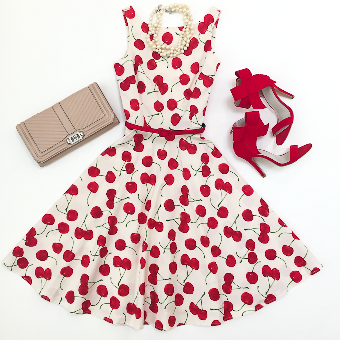 Chicwish miss cherry pie belted midi dress, Red bow heels