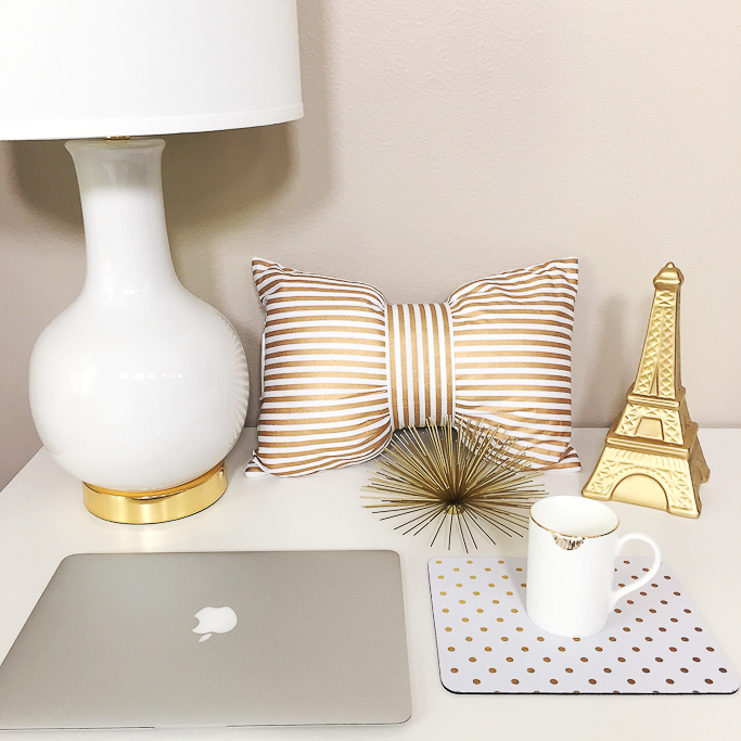 gold and white lamp, gold eiffel tower, gold urchin, polka dot mouse pad, Pottery Barn Teen gold and white desk, Safavieh Ceramic Paris Lamp, Xhilaration gold striped bow pillow