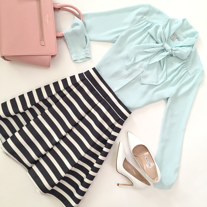 Chicwish striped pleated tulilp skirt, Kate Spade north court corallinepebbled leather satchel, Manolo Blahnik BB white pumps, Nordstrom Halogen scarf tie blouse