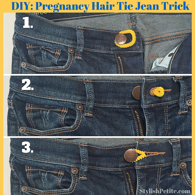 hair tie pregnancy trick, how to expand your jeans when pregnant, maternity hair tie trick, pre-pregnancy jeans trick, pregnant rubberband trick