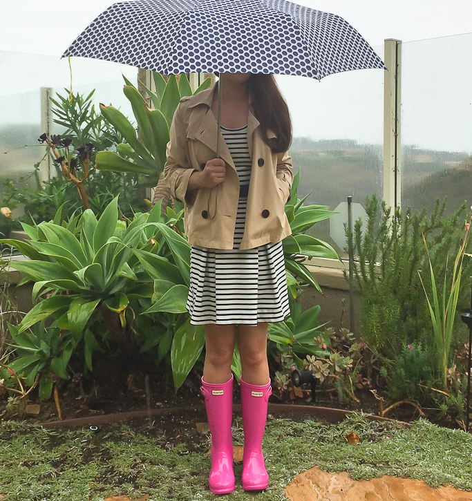 Big kids lipstick pink hunter boots cropped trench coat striped flare dress polka dot umbrella