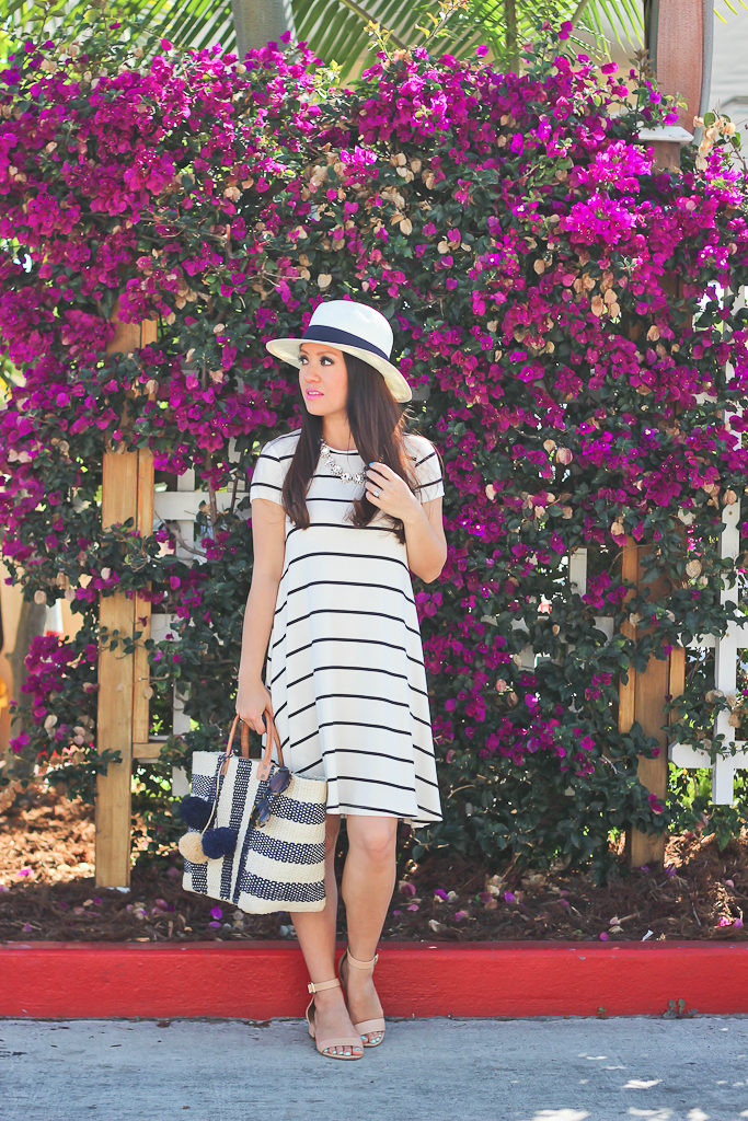 Mar y Sol Collins Woven Tote Old Navy striped swing dress Panama hat Talbots penny ankle strap sandals