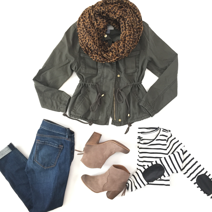 Fall outfit, Halogen suede ankle booties, Old Navy Canvas Field Jacket Coniferous, petite utility jacket, Striped shirt with elbow patches
