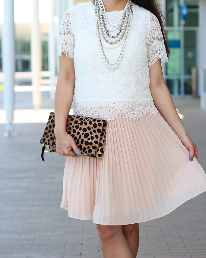 Ann Taylor signature crystal pearlized statement necklace, Blush pleated skirt, Christian Louboutin simple 100 nude patent pumps Clare V leopard foldover clutch, Eyelash lace top Forever 21 blush pleated dress