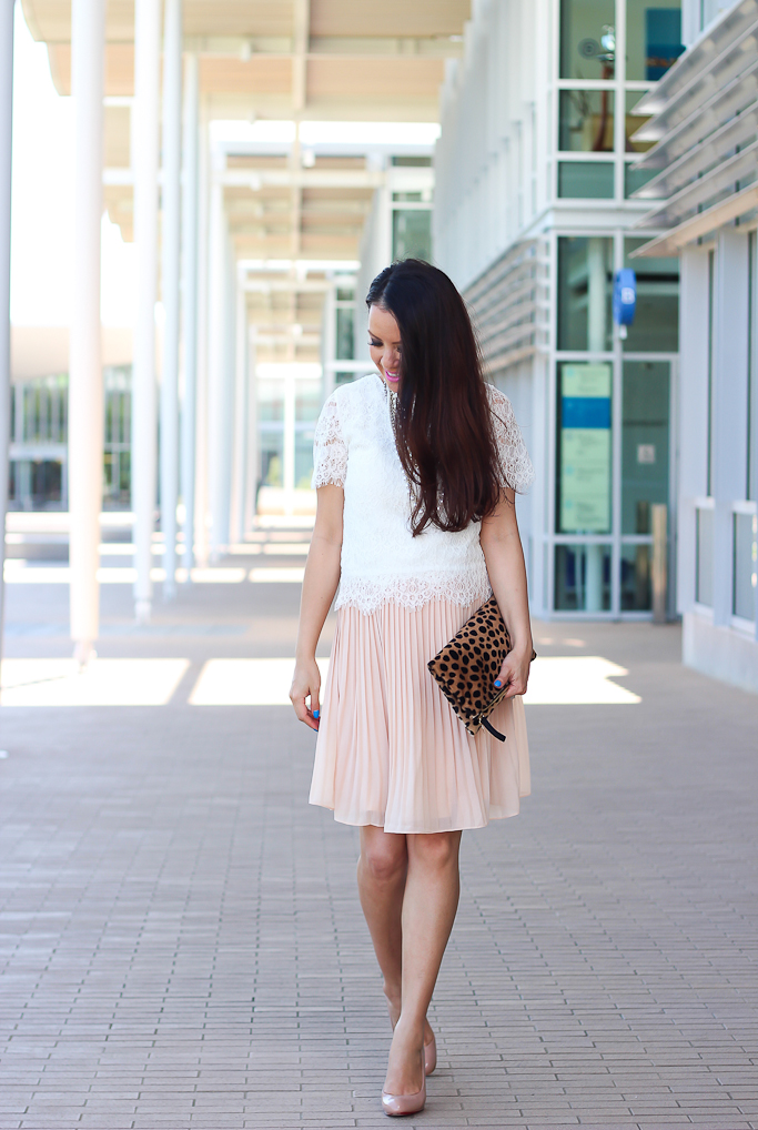 Ann Taylor signature crystal pearlized statement necklace, Blush pleated skirt, Christian Louboutin simple 100 nude patent pumps Clare V leopard foldover clutch, Eyelash lace top Forever 21 blush pleated dress
