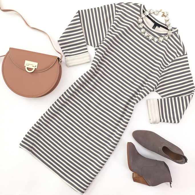 Nordstrom Rack grey suede ankle booties, Spartana crossbody bag, Topshop striped sweater dress
