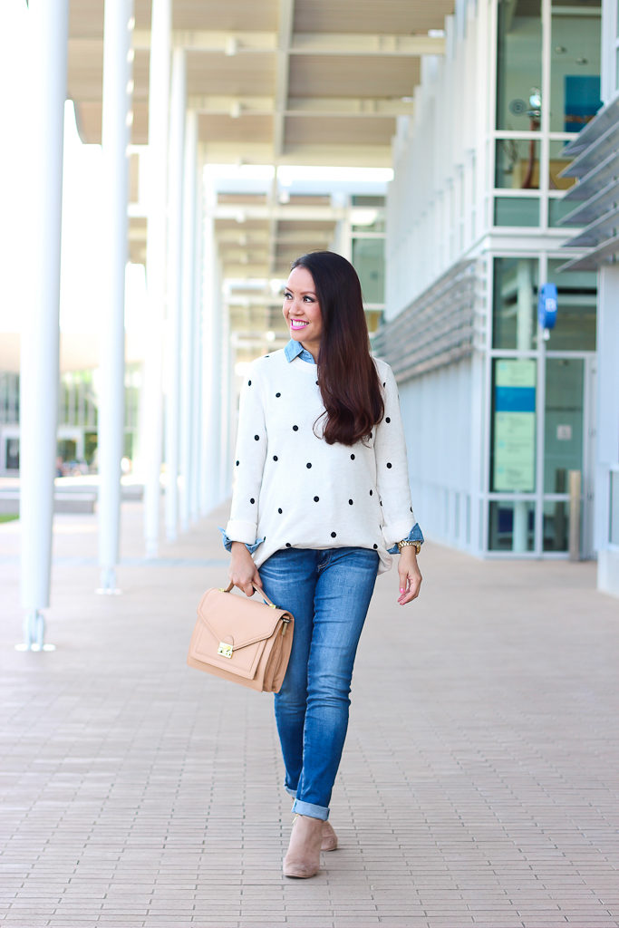 AG Jeans The Stilt Roll Cuff Skinny Jeans 13 Year Solitude, Fall outfit, Loeffler Randall rider bag, Nordstrom Rack abound suede ankle booties, Nordstrom stem polka dot sweatshirt, petite chambray shirt