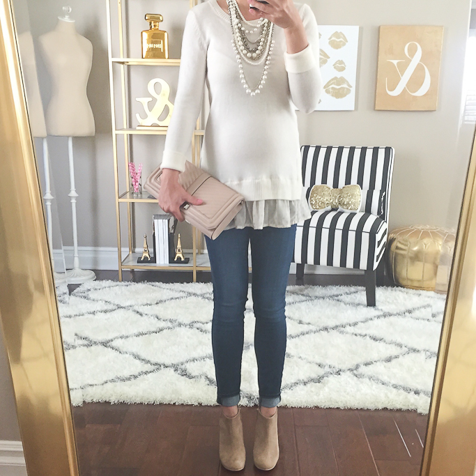 Ann Taylor two in one sweater Ann Taylor signature pearl statement necklace Nordstrom rack abound booties
