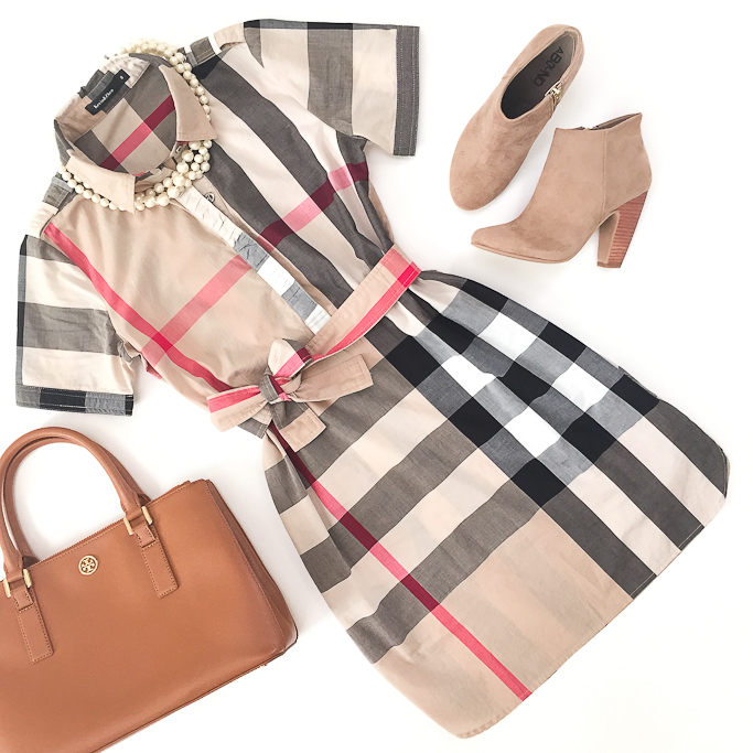 Burberry dress, dress with ankle booties, Fall outfit, faux three strand pearl necklace, Nordstrom Rack Abound booties, plaid check burberry dress, SheIn Beige Lapel Short Sleeve Check Drawstring Dress, Tory Burch mini Robinson bag in luggage