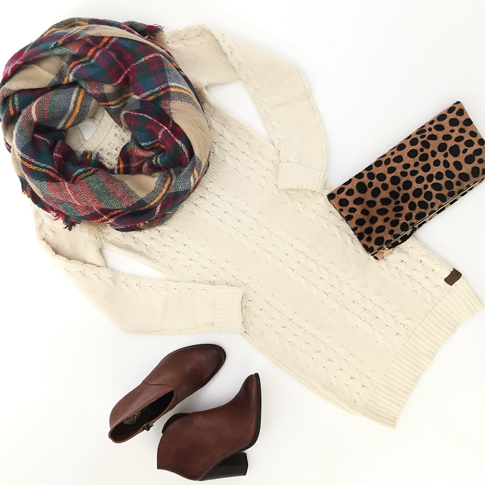 Cable knit sweater dress Vince Camuto franell western booties Clare V leopard foldover clutch Plaid blanket scarf
