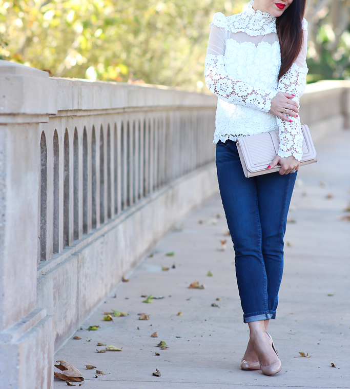 Chicwish Flower Dance Mesh Crochet White Top, Christian Louboutin simple 100 patent nude pumps, Mac ruby woo lipstick, Paige Denim kylie crop maternity jeans, Rebecca Minkoff quilted chevron clutch