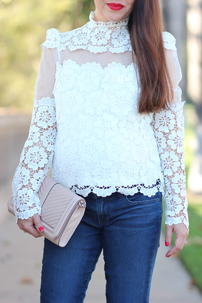 Chicwish Flower Dance Mesh Crochet White Top, Christian Louboutin simple 100 patent nude pumps, Mac ruby woo lipstick, Paige Denim kylie crop maternity jeans, Rebecca Minkoff quilted chevron clutch