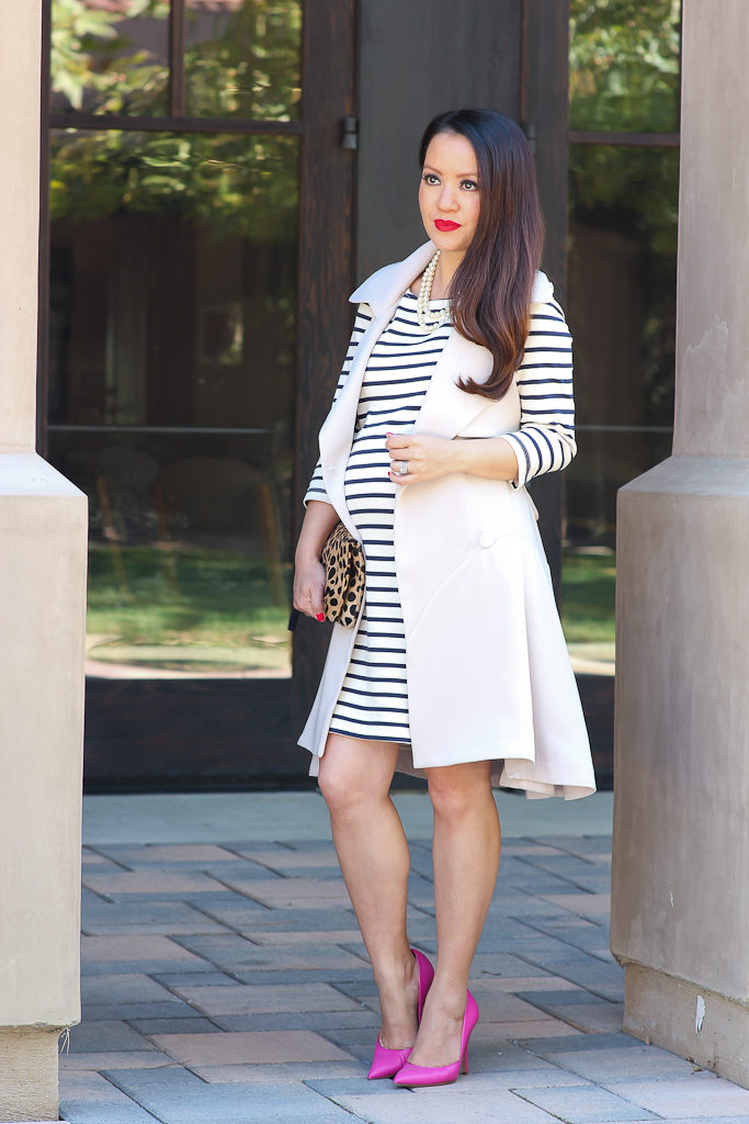 Asos elbow patch striped sweater, Chicwish belted sleeveless trench coat, Fall outfit, Kate Spade lottie pumps, Petite maternity outfits, striped dress, Tory Burch mini Robinson Tote, Vince Camuto franell ankle booties