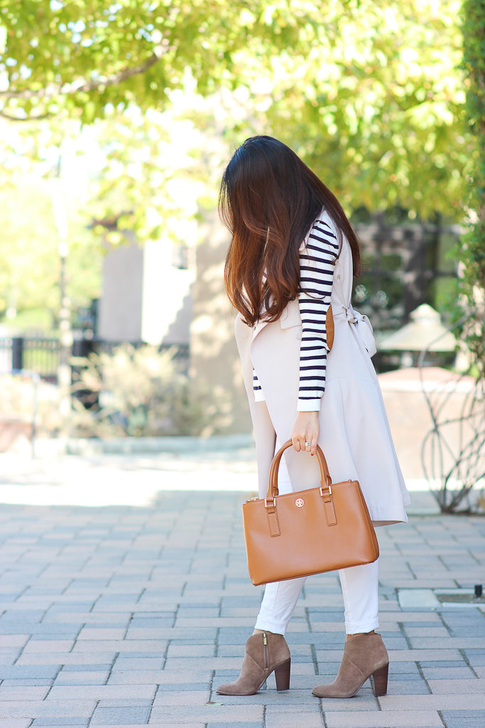 Asos elbow patch striped sweater, Chicwish belted sleeveless trench coat, Fall outfit, Kate Spade lottie pumps, Petite maternity outfits, striped dress, Tory Burch mini Robinson Tote, Vince Camuto franell ankle booties