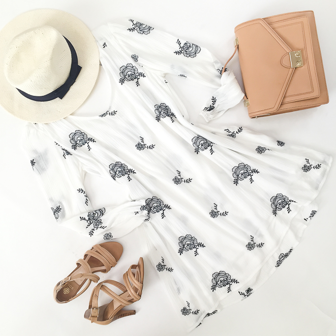 Isola nude strappy sandals, Loeffler Randall rider bag, Panama hat, SheInside WHITE LONG SLEEVE FLORAL EMBROIDERY DRESS