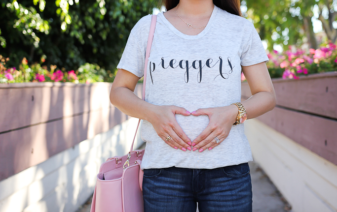 Ily Couture Preggers Tee, Ily Couture solo initial necklace, Kate Spade licorice smoke grey pumps, Kate Spade north court corallinepebbled leather satchel, Maternity jeans for petites, Paige Denim verdugo crop maternity jeans