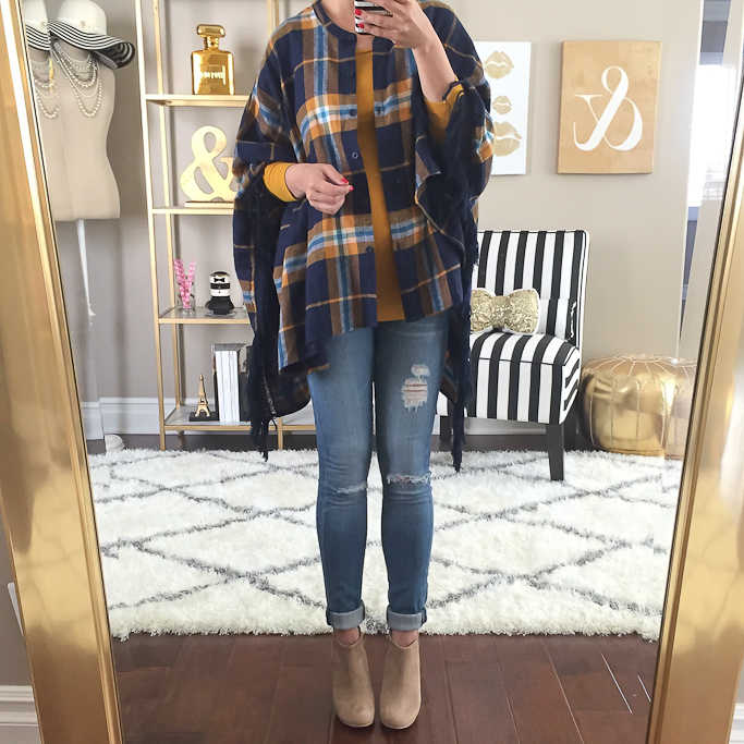 J.Crew mustard boatneck tee, Volcom plaid poncho, AG distressed super skinny jeans, Nordstrom Rack abound ankle booties