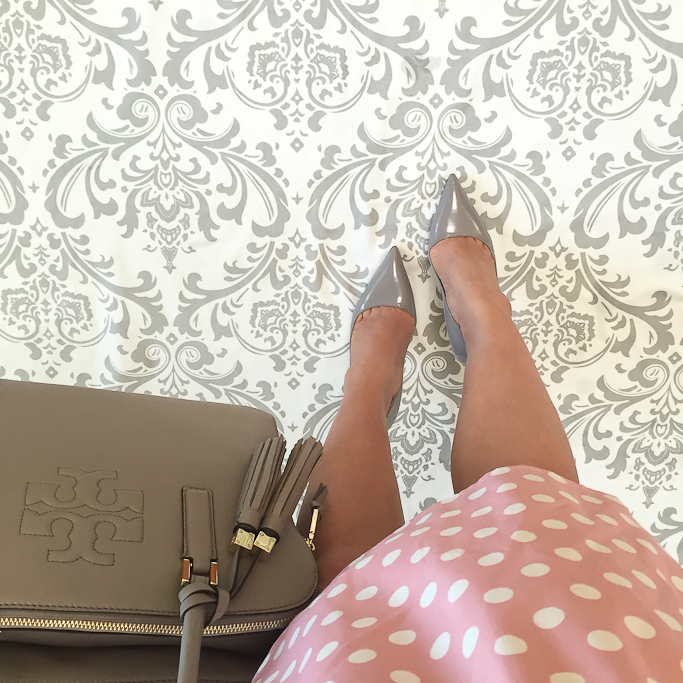 Kate Spade licorice too grey pumps Tory Burch grey leather purse pink polka dot dress