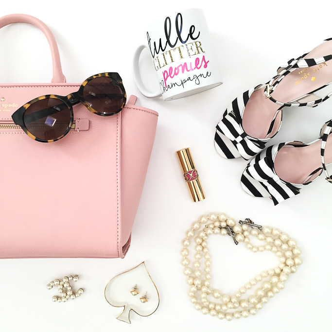 Kate Spade north court corallinepebbled leather satchel, Tulle Glitter peonies champagne mug, Kate Spade striped bow wedge sandals, Tory Burch 54mm cat eye polarized sunglasses., Spade trinket dish, Chanel pearl brooch, Three strand faux pearl necklace