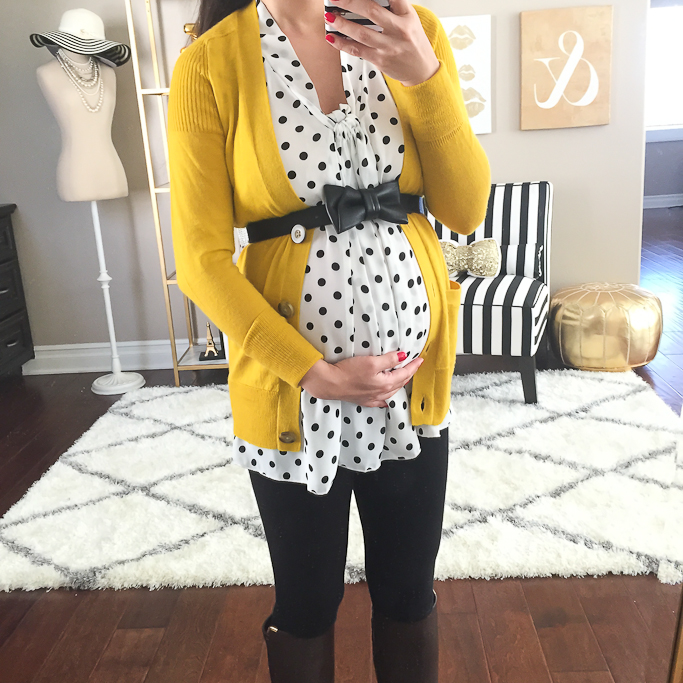 Loft black bow belt Black leggings with brown boots, Loft mustard boyfriend cardigan, Modcloth South Florida spree in white dots, Petite maternity outfits, Pregnancy petite outfits