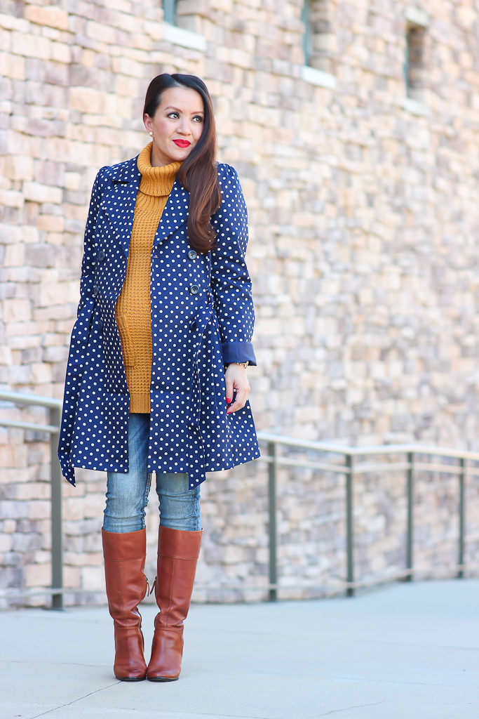Clare V Sandrine leopard Satchel, Halogen Brianna cognac Boots, Modcloth capital class polka dot trench coat, Modcloth Crepe Expectations Sweater in Goldenrod, Modcloth Paris Cafe Cardigan in Bordeaux, mustard cable knit sweater, Petite maternity outfits