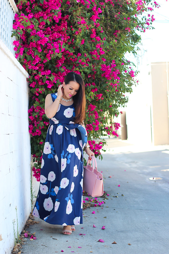 BP luminate  sandals, Floral maxi dress, Kate Spade north court corallinepebbled leather satchel, Kate Spade seaport faux pearl stud earrings, maternity maxi dress, Petite maternity outfits, petite maxi dress