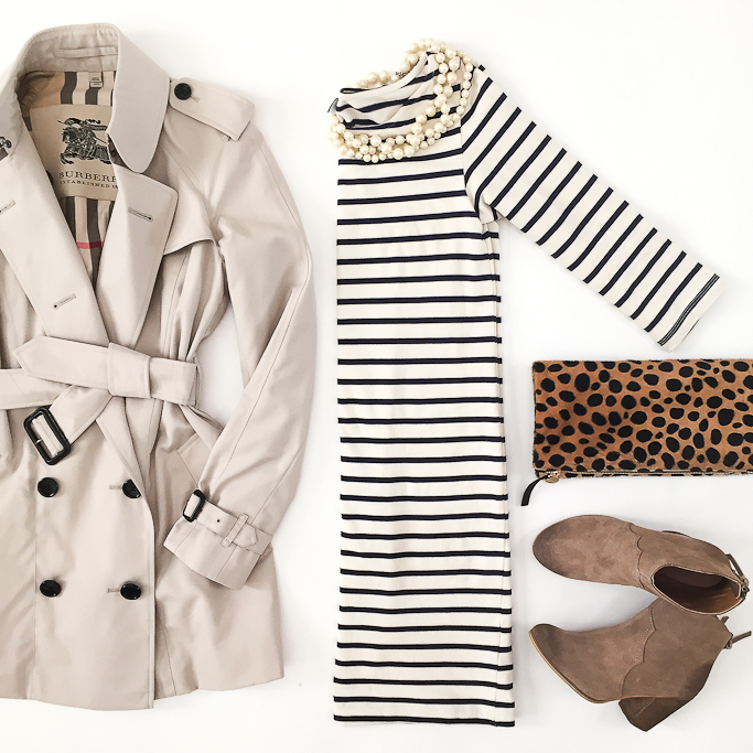 burberry brit marystow trench coat, Clare V leopard clutch, Pearl necklace. BP Trott ankle suede booties, striped dress