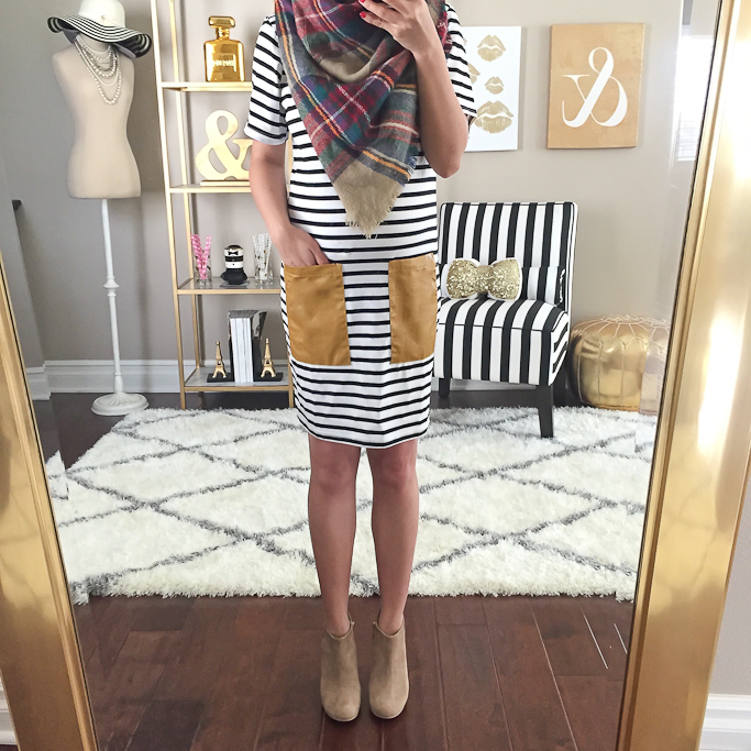 Striped dress with faux leather pockets, Plaid blanket scarf, Ankle booties