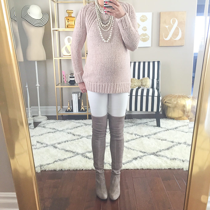 Ann Taylor chunky knit sweater, Ann Taylor signature crystal pearlized statement necklace, Paige Denim Verdugo Crop white jeans, Petite maternity outfits, Stuart Weitzman Highland over the knee boots in topo suede