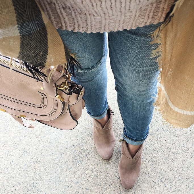 Ann Taylor chunky knit sweater, Joey cropped boyfriend jeans, Nordstrom BP pliad oblong scarf, Vince Camuto franell bootie, Chloe marcie small leather satchel