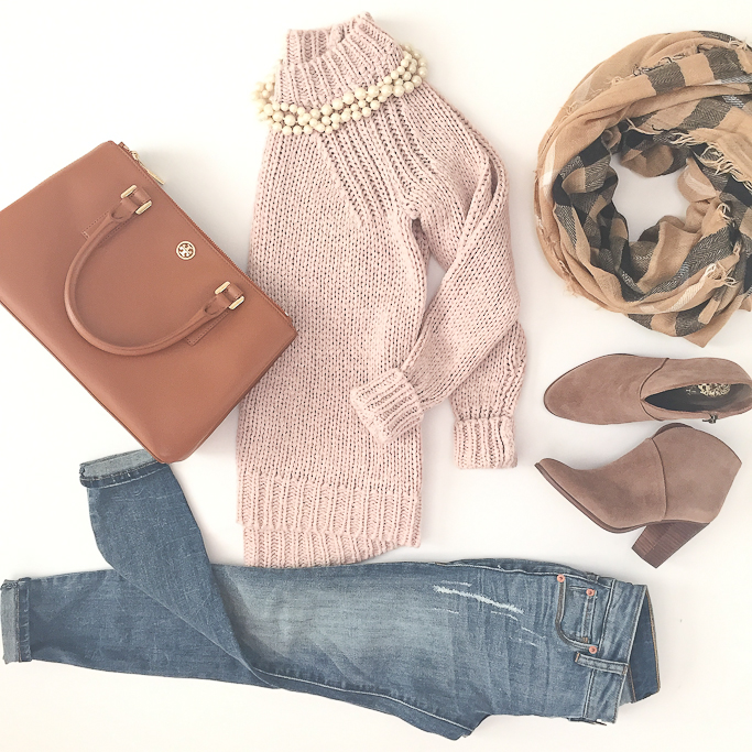 Ann Taylor chunky knit sweater, Joey cropped boyfriend jeans, Nordstrom BP pliad oblong scarf, Tory Burch mini Robinson bag in luggage, triple strand faux pearl necklace, Vince Camuto franell bootie