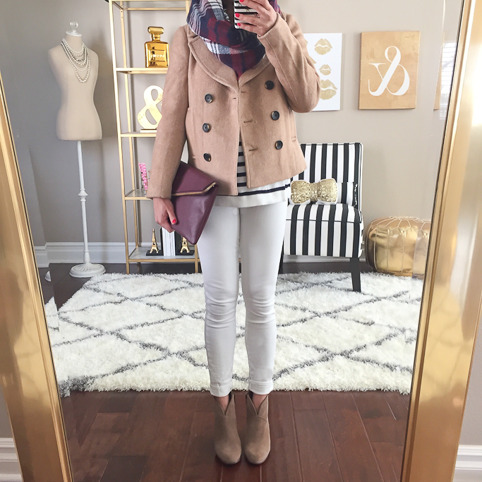 Ann Taylor wool twill peacoat, Asos elbow patch striped sweater, fall fashion, Fall outfit, Henri Bendel DEBUTANTE CONVERTIBLE CLUTCH, Nordstrom Junior Women's BP. Heritage Plaid Infinity Scarf, Paige Denim Verdugo Ankle white Jeans, Vince Camuto franell ankle booties