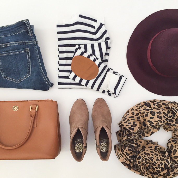 Asos elbow patch striped sweater, burgundy wool hat, Old Navy jeggings, Sole Society leopard scarf, Tory Burch Mini Robinson tote in luggage, Vince Camuto franell western ankle booties