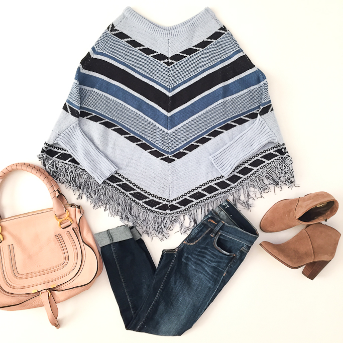 Blue Grey Round Neck Batwing Striped Cape Sweater, Chloe marcie small leather satchel, Fall outfit, Loft petite skinny jeans, striped cape sweater, Vince Camuto franell ankle booties