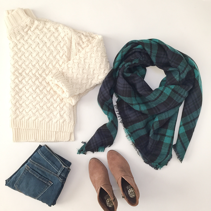 Chicwish soft cable knit sweater, plaid blanket scarf and Vince Camuto franell ankle booties
