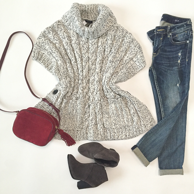 Ann Taylor essex camera bag, Forever 21 CABLE KNIT TURTLENECK PONCHO, Vigoss distressed dublin jeans, Vince Camuto Franell western booties