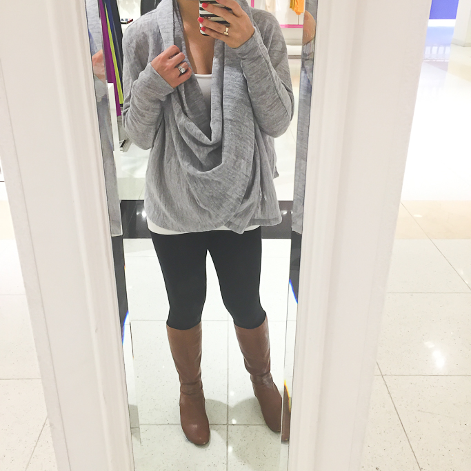 black leggings with brown boots, Forever 21 marled knit drape neck top
