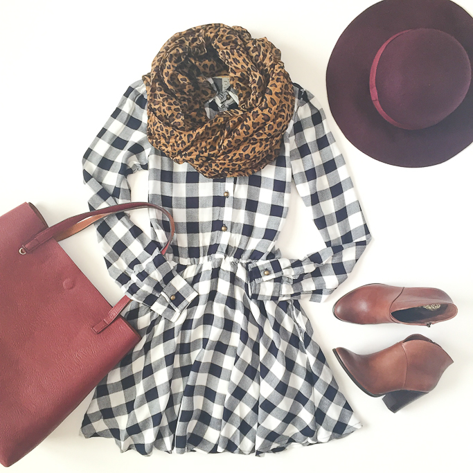 leopard scarf, Mimi Chica gingham shirt dress, Nordstrom burgundy wool hat, Street Level vegan leather reversible tote, Vince Camuto franell coganc ankle booties