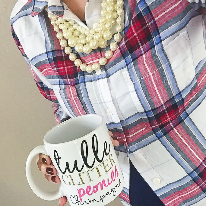 H&M plaid flannel shirt, Muli strand faux pearl necklace, Tulle Glitter peonies champagne mug