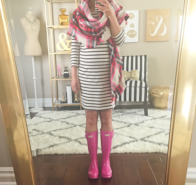 Express plaid blanket scarf, hot pink hunter boots, Striped long sleeve dress