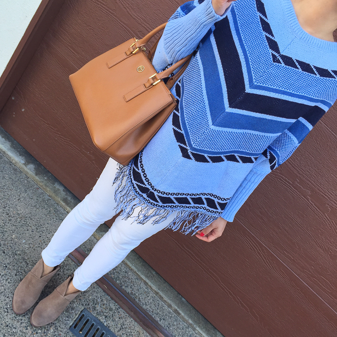 Striped poncho cape, Tory Burch Mini Robinson Tote, Vince Camuto Franell western booties, White Paige Denim crop verdugo jeans