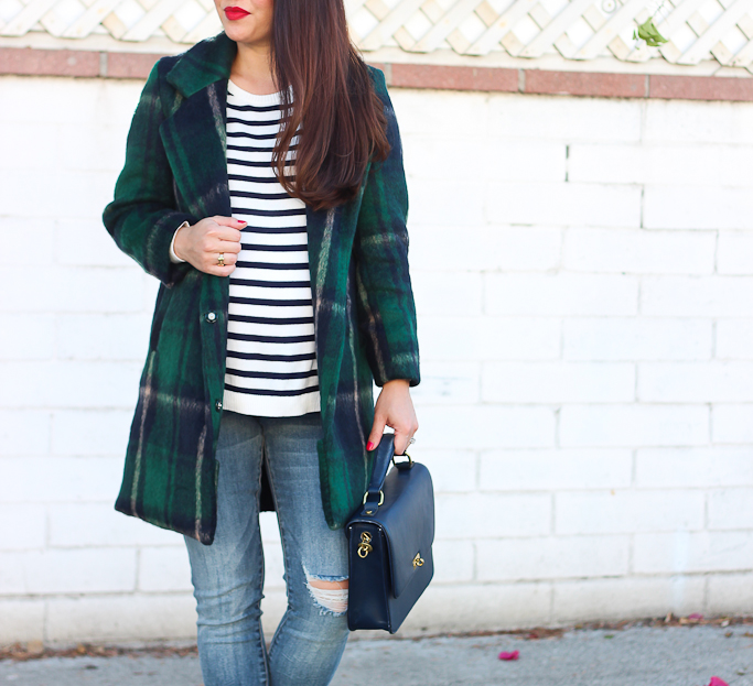 Fall outfit, J.crew eadie purse, Striped sweater with elbow patches, Tartan Plaid coat, Vince Camuto franell ankle booties. STS boyrfriend jeans