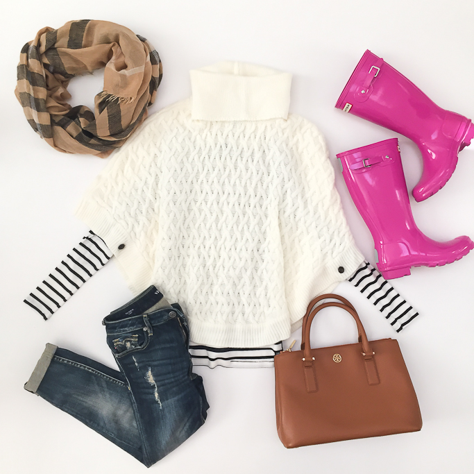cable knit poncho, hot pink Hunter rain boots, Plaid blanket scarf, striped long sleeve tee, Tory Burch Mini Robinson