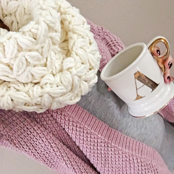 Anthropologie gold monogram mug chunky cream cable knit scarf pink chunky cardigan grey henley 