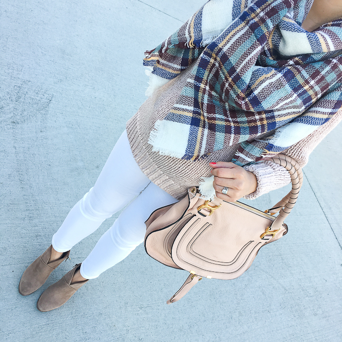 Montgomery plaid scarf Chloe marcie small leather tote Vince Camuto franell ankle booties Ann Taylor chunky knit sweater JCrew toothpick white maternity  jeans petite pregnancy outfits