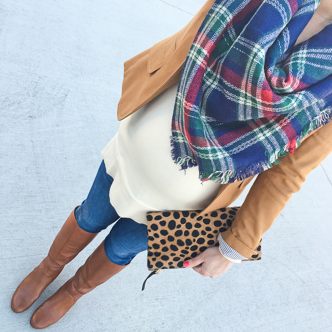 Ann Taylor tunic sweater, Clare V leopard foldvover clutch, cognac boots for petites, Fall outfit, J.Crew schoolboy blazer camel, materntiy, petite maternity clothes, pregnancy outfits, Sole Society plaid blanket scarf